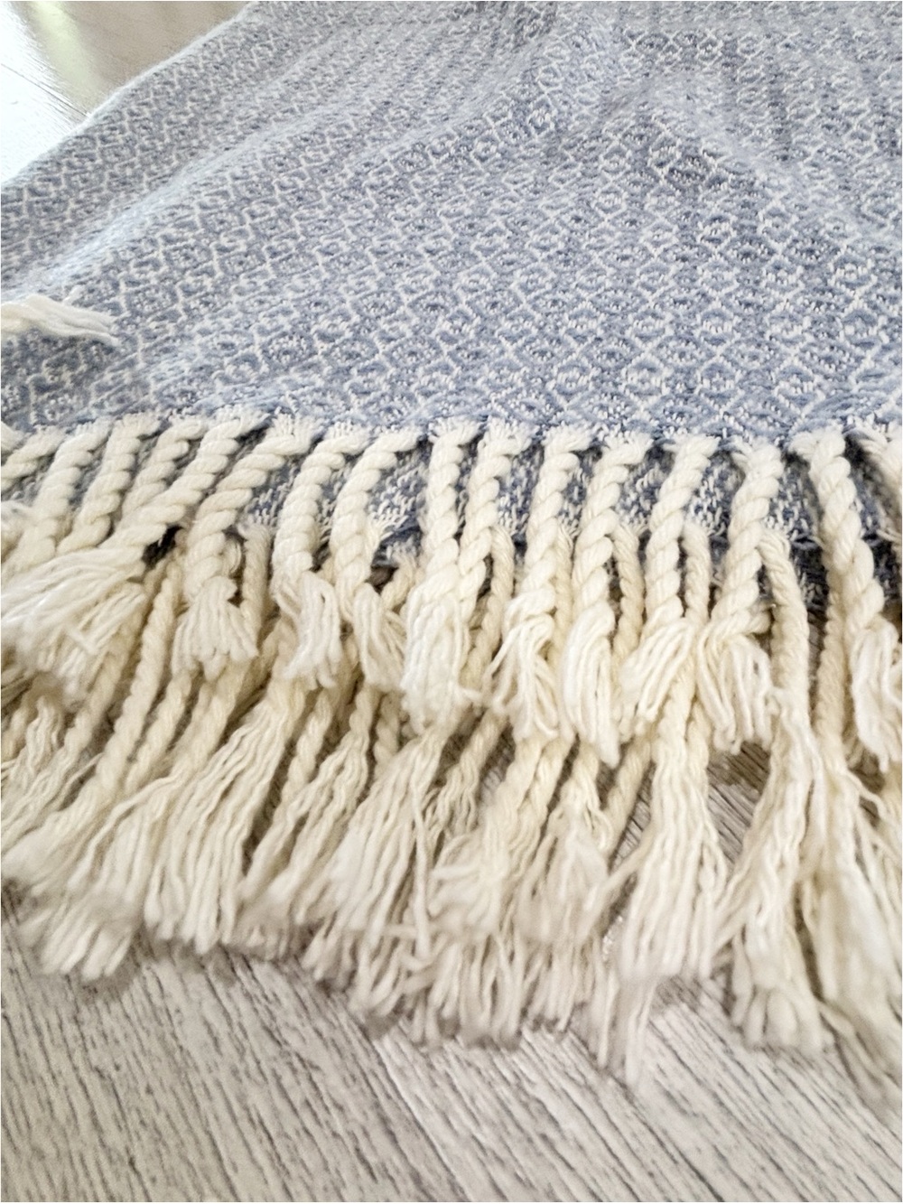 DOCOFIL Light Blue Woven Cotton Blend Tasseled Throw Blanket Portugal 64” X 52”.